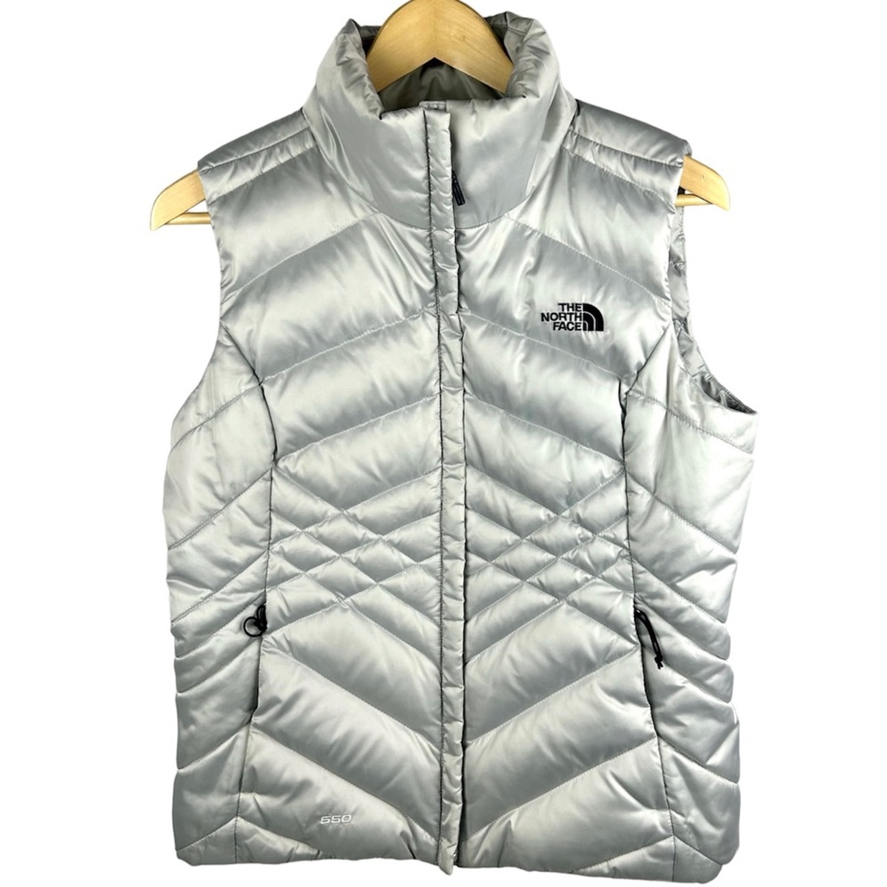North Face 550 Goose Down Full Zip Puffer Vest Women’s Medium Silver Gray TNF